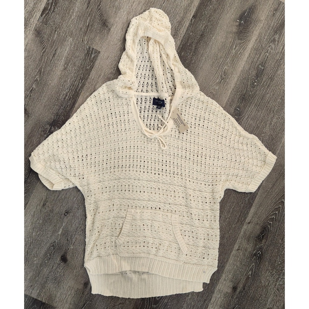 American Eagle Cream Knit Short Sleeve Hoodie Sweater XL Ramie Cotton Pointelle